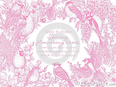 Vector frame of spring blossoming trees and birds Vector Illustration